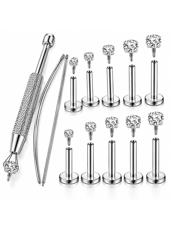 16G/18G Flat Back Earrings for Women Men-Tragus Helix Conch Rook Ear Cartilage Piercing Jewelry,Hypoallergenic Internal Thread Studs,Ideal for Monroe Ashley Labret Snake Bite Lip Piercing