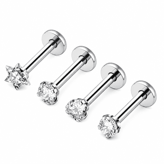 AURENIX 16G 3*6Mm Internally Threaded Lip Rings Stainless Steel Flat Back Nose Rings Studs Tragus Helix Conch Cartilage Lobe Earrings Stud Piercing Jewelry, Silver A 4Pcs