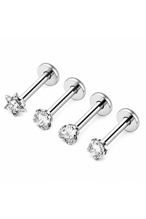 16G 3*6Mm Internally Threaded Lip Rings Stainless Steel Flat Back Nose Rings Studs Tragus Helix Conch Cartilage Lobe Earrings Stud Piercing Jewelry, Silver A 4Pcs