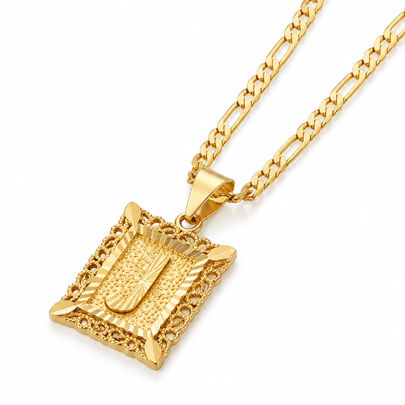 AURENIX 18K Gold Plated Letter J Square Pendant Necklace Initial Chain Men Women Gift