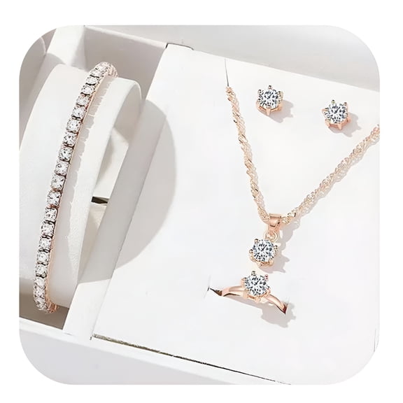 AURENIX 2026 New 5Pcs Elegant Crystal Jewelry Sets for Women Necklace Earrings Ring Bracelet for Special Occasions,Parties,Evening Wear,Gifts,Weddings.