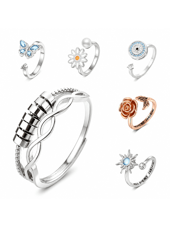 2026 New 6-Pack Adjustable Spinner Rings for Women - Rotatable Floral Design (Rose,Daisy,Butterfly) Anxiety Relief Jewelry,Stress Reduction Fidget Rings with Adjustable Opening