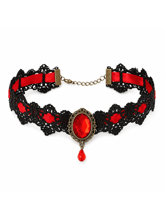2026 New Gothic Choker Necklace Jewelry Set for Women, Red/Black Choker Goth Lace Witch Jewelry, Witchy Vampire Masquerade Steampunk Victorian Lolita Renaissance Accessories for Woman