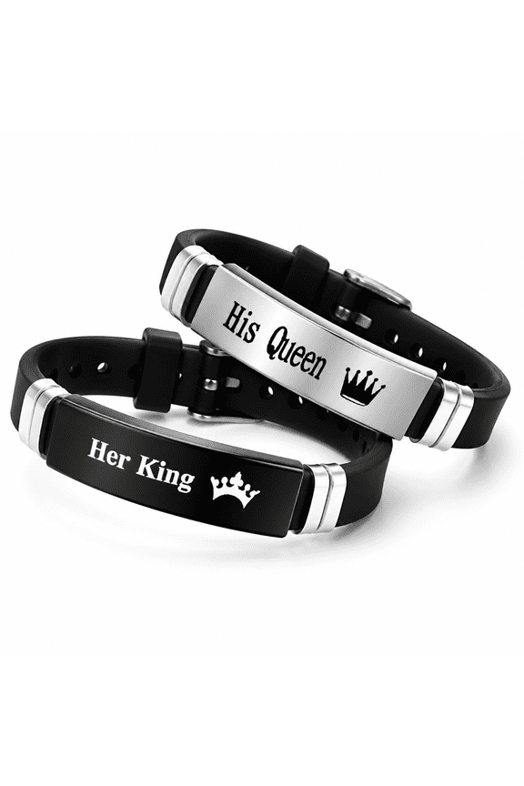 2Pcs His Queen & Her King Couples Bracelets Set Crown Silicone Bracelets Gifts for Valentine's Day Anniversary for Men Women