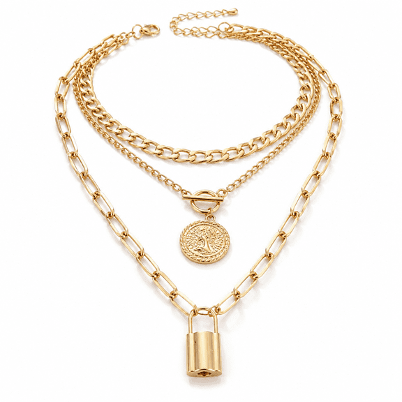 AURENIX 3 Professional Pcs Chunky Gold Layered Necklaces Stackable Multilayer Link Chain Punk Style Paperclip Chain Toggle Clasp Gold Coin Lock Pendant Necklace Trendy Jewelry Gifts