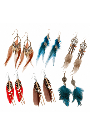 6 Pairs Women Faux Feather Earrings Dream Catcher Bohemian Fringe Tassel Long Drop Dangle Earrings Set with Design for Women