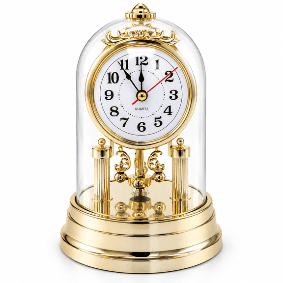 AURENIX Classic Vintage Clock European Style Desk Antique Clock with Pendulum and Chime,Plastic Dome,Triple Crown Finial,Revolving Synthetic Crystals,Loud Alarm,Home Decoration,Gold,11X16.8cm