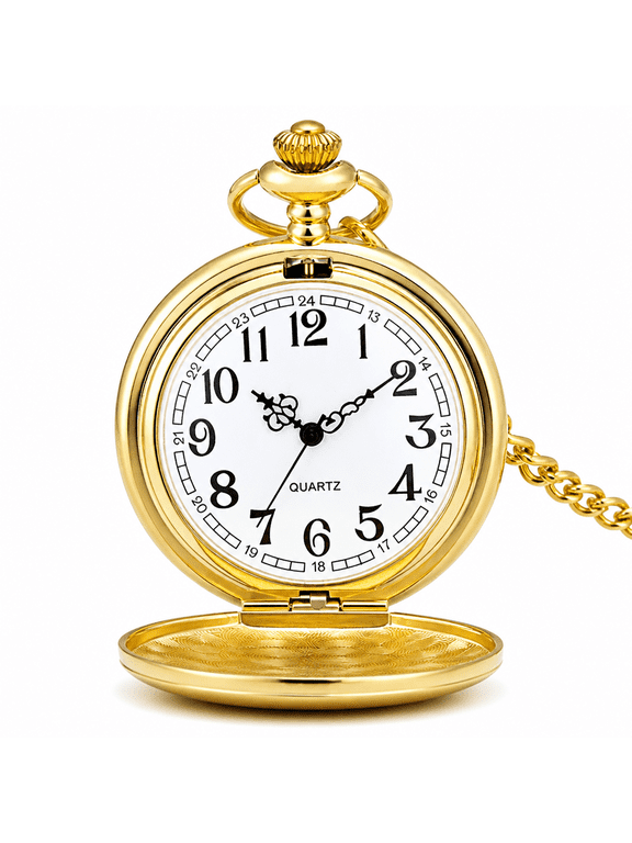Classic Vintage Stainless Steel Quartz Pocket Watch, Arabic Numerals Scale Mens Womens Pocket Watch with Chain