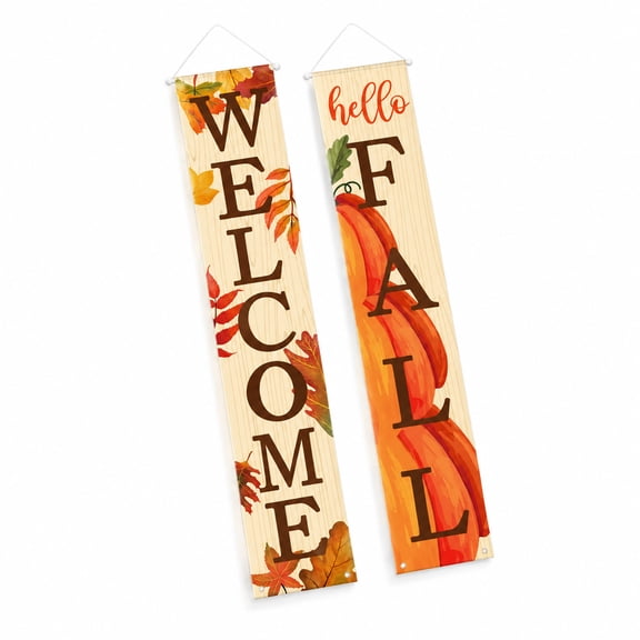 AURENIX Fall Porch Sign Set Welcome and Hello Fall Vertical Wooden Signs for Front Door Autumn Harvest Pumpkin Rustic Outdoor Decorations 2 Pack