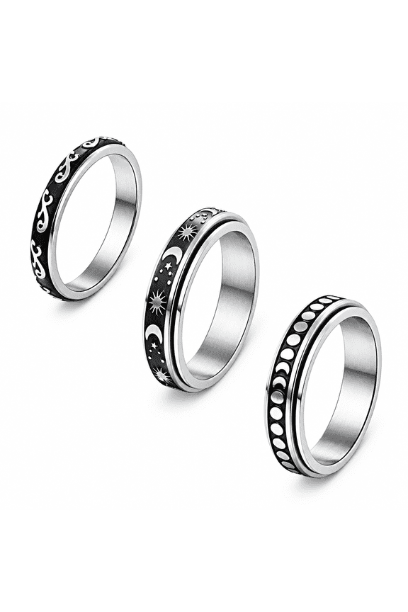 Fidget Rings for Anxiety 3pcs Stainless Steel Spinner Ring Anti Anxiety Ring Spinning Moon Star Stress Relieving Rings for Women Men