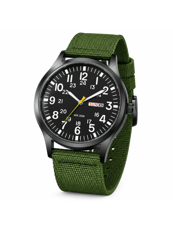 Men's Tactical Military Watch: Simple and Easy-to-Read Arabic Numerals 24-Hour Scale Luminous Hands Nylon Strap Big Dial Analog Quartz Watch - Date and Day Function