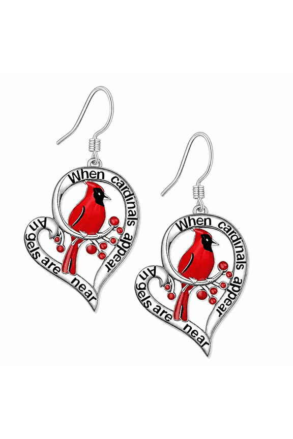 Red Earrings for Women,Red Bird Heart Design Cardinal Gifts for Women,Little Bird Animal Element This Hollow Heart,Silver