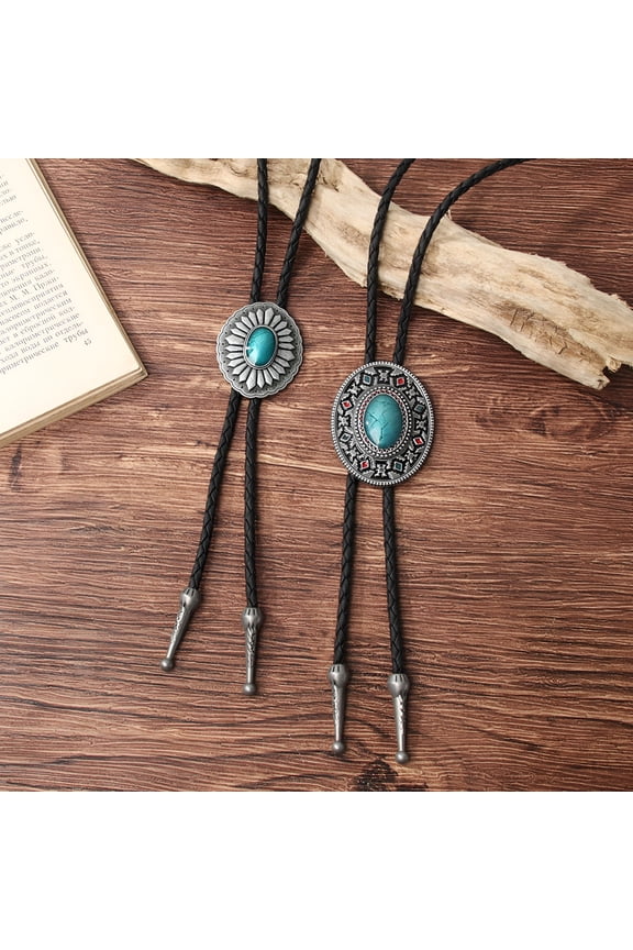 Retro Sweater Necklace Western Cowboy Style Sweater Chain Carved Faux Turquoise Buckle Faux Leather Long Necklace