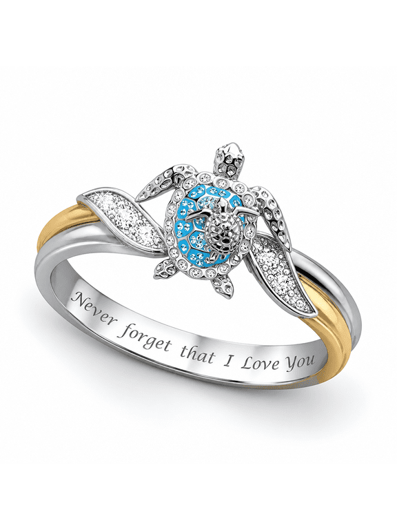 Turtle Ring Sea Turtle Crystal Studded Jewelry (Silver, #9)