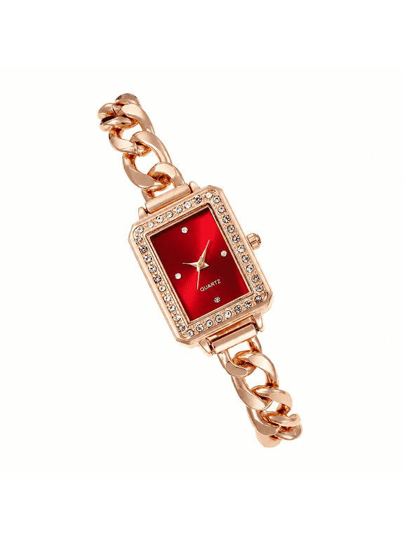 Women Quartz Watches Wrist Chain Strap Square Watch Easy Read Dial Classical Office Ladies Fashion Dress Up Adjustable Stainless Steel Red