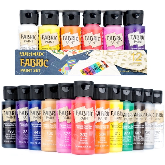AUREUO 12-Color Fabric Paint Set, 2 fl oz Bottles, Permanent for T-Shirts & Canvas, Non-Toxic Art Supplies for Back to School Projects, Classroom Crafts & Kids Activities
