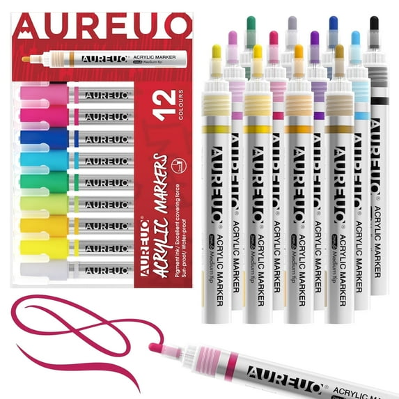 AUREUO Acrylic Paint Markers, 12 Colors Water-Based Paint Pens, 2mm Medium Tip for Rock Painting, Wood, Glass, Ceramic, Fabric, DIY Crafts, Quick-Drying & Waterproof