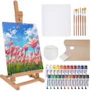 AUREUO 35PCS Acrylic Painting Set, Complete Starter Kit with Table Easel, 24 Colors Acrylic Paints, 5 Brushes, 2 Canvases, Palette, Brush Washer & Sponge for Ar