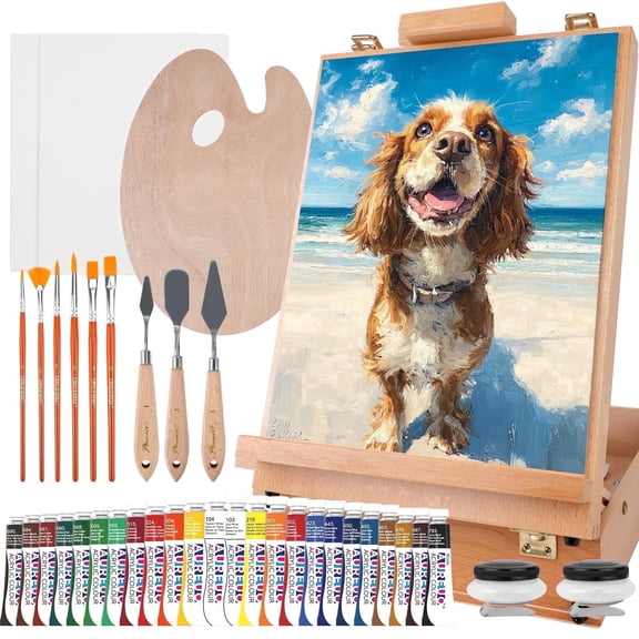 AUREUO 38PCS Acrylic Painting Set, Adjustable Art Wooden Easel with Paint, Canvas, Panel, Brushes, Knives, Art Supplies for Beginners and Artists