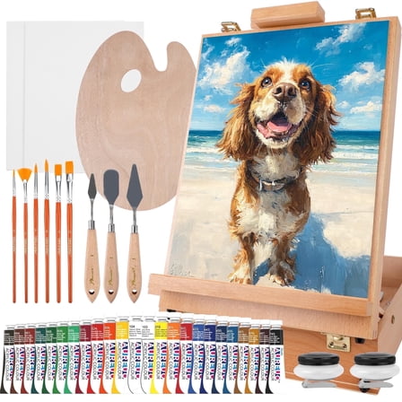 AUREUO 38PCS Acrylic Painting Set, Adjustable Art Wooden Easel with Paint, Canvas, Panel, Brushes, Knives, Palette, Complete Art Supplies for Beginners and Artists