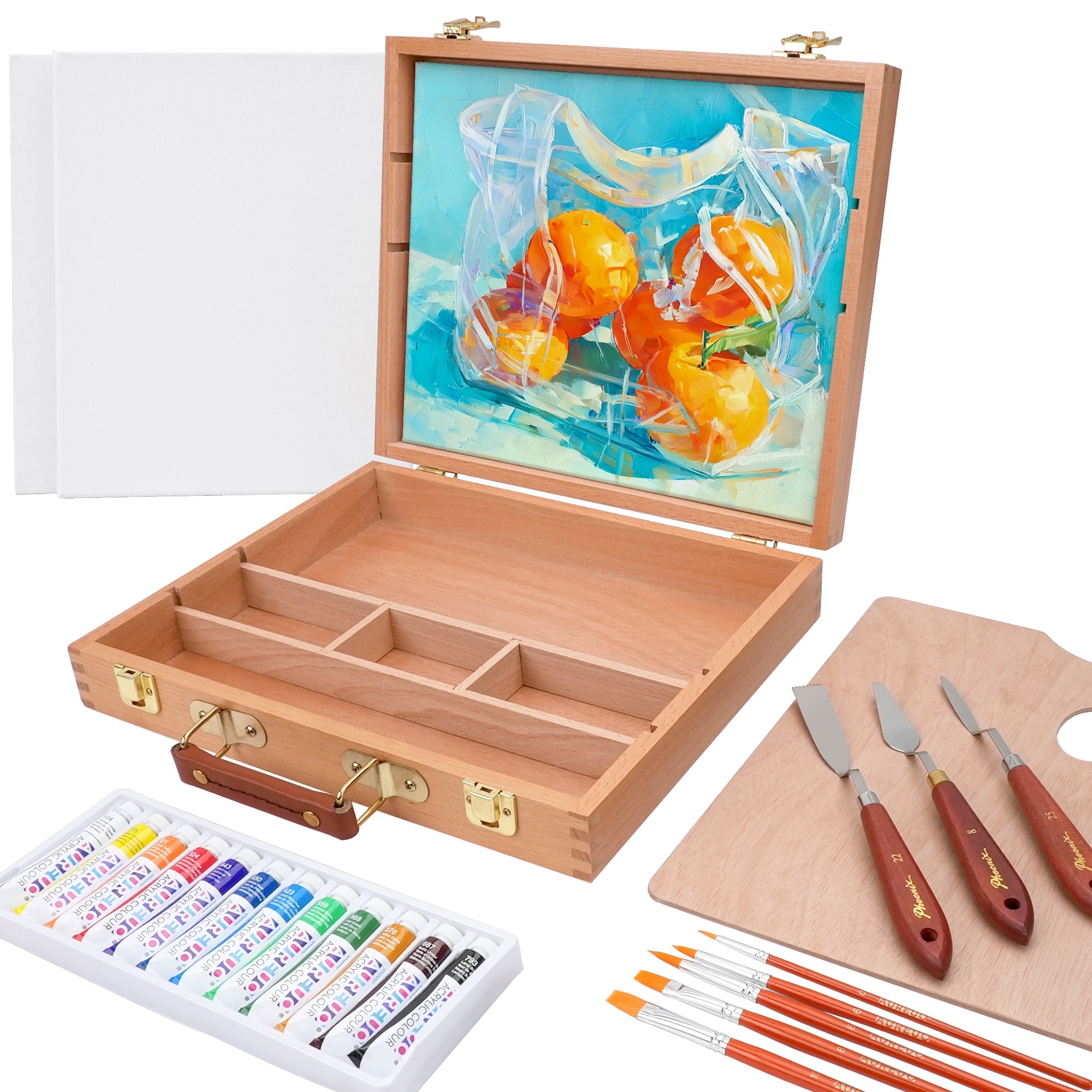 AUREUO 24 PCS Acrylic Painting Set with Wooden Case, 12x12ml Tubes, 5 Brushes, 3 Painting Knives, 2 Canvases 9x12 Inch, Palette - Complete Art Supplies for Beginners & Artists