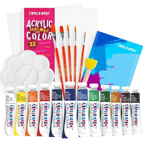 AUREUO Acrylic Painting Kit - 12 Colors Acrylic Paint Tubes, 9X12 Inch/ 2 Pack Canvas Panels, 5 Paint Brushes, Palette & Sponge - Canvas Painting Kit for Adults, Beginners