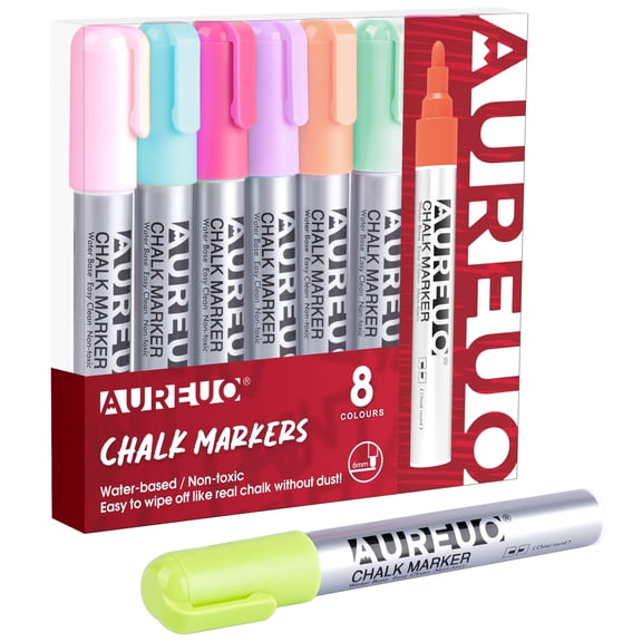 AUREUO Chalk Markers - 8 Macaron Colors, Water Based, Non-Toxic, Erasable for Chalkboards, Glass, Windows, Menus, Signs