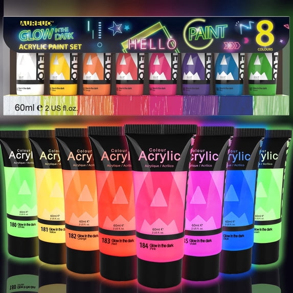 AUREUO Glow in the Dark Acrylic Paint, 8 Colors x 2 fl oz / 60ml Neon UV Black Light Paints for Easter Rocks, Wood, Craft, Canvas, Paint Party Supplies