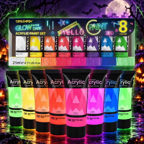 AUREUO Halloween Glow Acrylic Paint Set, 8 Non-Toxic Fluorescent Colors for Pumpkins, Canvas, Wood, Rocks & Crafts
