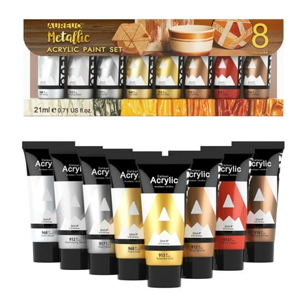 AUREUO Metallic Acrylic Paint Set - 8 Essential Colors 0.71 fl oz / 21ml Tubes Gold Silver Art Paints for Crafts Decor Rich Pigments Non-Toxic Painting Supplies for Artists