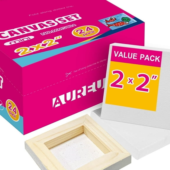 AUREUO Mini Stretched Canvas - 2x2 Inch/24 Pack - 2/5 Inch Profile Tiny Square Canvas Boards for Painting - Art Gift Set Bulk Pack Canvases for Acrylic Painting & Craft