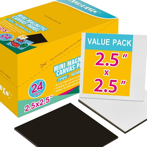 AUREUO Mini Magnetic Canvas Panel 2.5x2.5 Inch / 24 Pack - Small Square Flat Canvas Board with Magnet Back Art Gift Set Bulk Pack Tiny Thin Canvases for Acrylic Painting & Craft