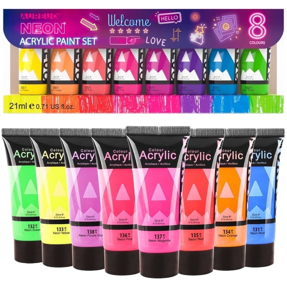 AUREUO Neon Acrylic Paint Set - 8 Fluorescent Colors 0.71 fl oz / 21ml Art Paint Tubes for Crafts Decor Rich Pigments Non-toxic Painting Supplies for Artists Hobby Painters Adults