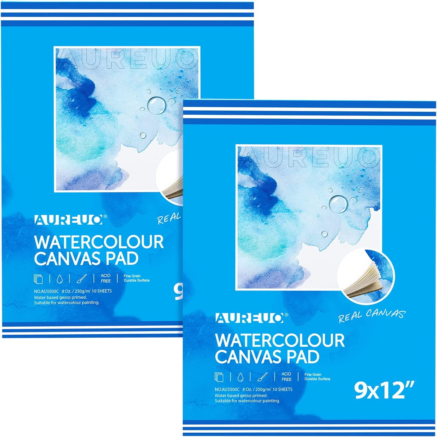 AUREUO Watercolor Canvas Pad 9x12 Inch, 10 Sheets, 2 Pack 270g, 100
