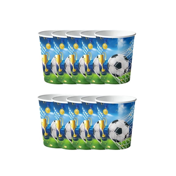 AURIGATE 10Pcs Soccer Theme Disposable Paper Cups, Football Soccer Ball & Trophy Pattern Leakproof Beverage Cups for Game Day Watch Party Birthday Sports Event Celebration