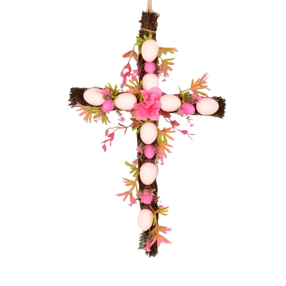 AURIGATE 11.81in Easter Cross Door Decor, Plastic Easter Egg Floral Cross Wreath for Front Door, Wall & Spring Holiday Home Decoration