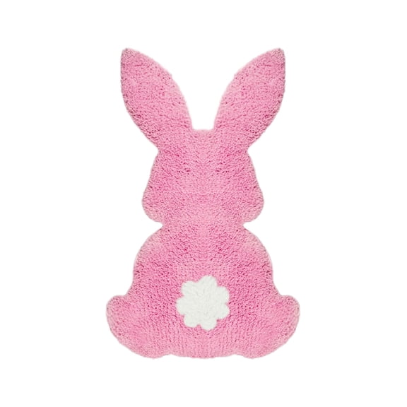AURIGATE 19.631.4in Pink Easter Bunny Bath Rug, Nylon & Spandex Rabbit Shaped Floor Mat with White Flower Accent, Spring Bathroom Decor