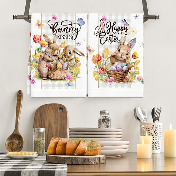 AURIGATE 25.9x17.7 Inch Easter Dish Towels 2-Pack - Farmhouse "He Is Risen" Bunny & Easter Egg Print,Absorbent Kitchen Bath Hand Towels for Spring Decor