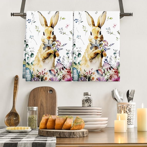 AURIGATE 25.9x17.7 Inch Easter Dish Towels 2-Pack - Farmhouse "He Is Risen" Bunny & Easter Egg Print,Absorbent Kitchen Bath Hand Towels for Spring Decor