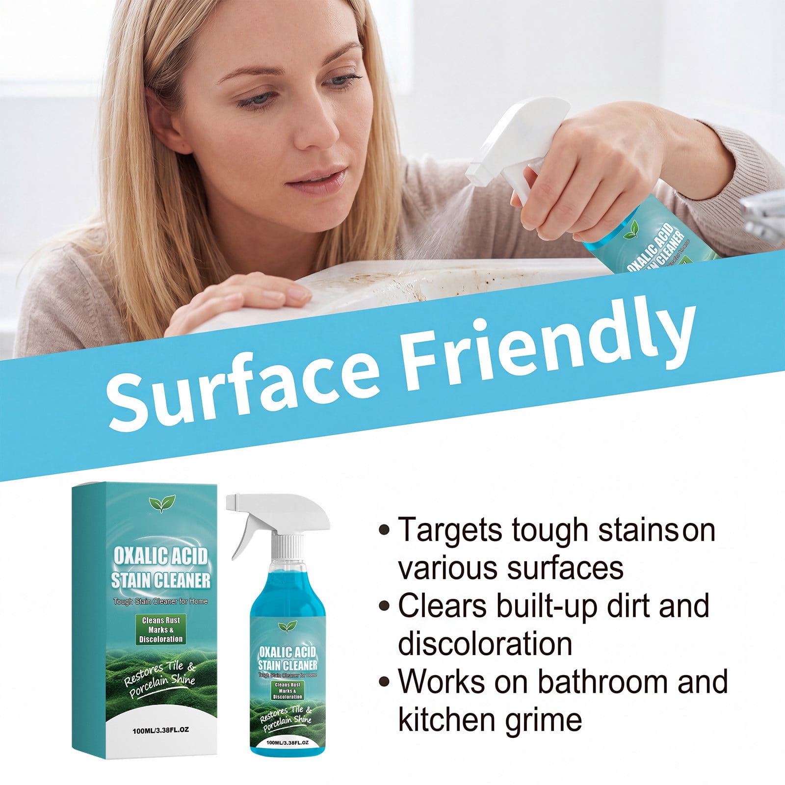 AURIGATE 3.4 oz Oxalic Stain Remover Spray, Tile and Porcelain Cleaner for Rust Marks, Soap Scum, Hard Water and Bathroom Grime
