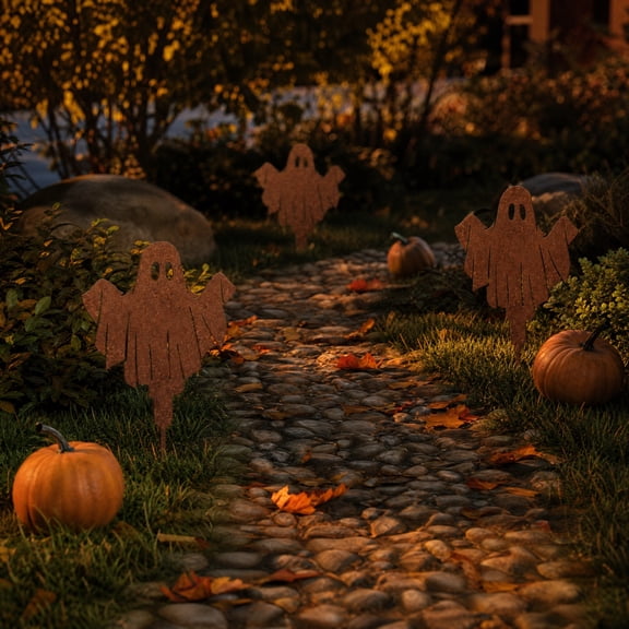 AURIGATE 3 Pack Rustic Metal Ghost Yard Stakes 11.81x7.87x5.91 in for Halloween Outdoor Lawn Decor Brown
