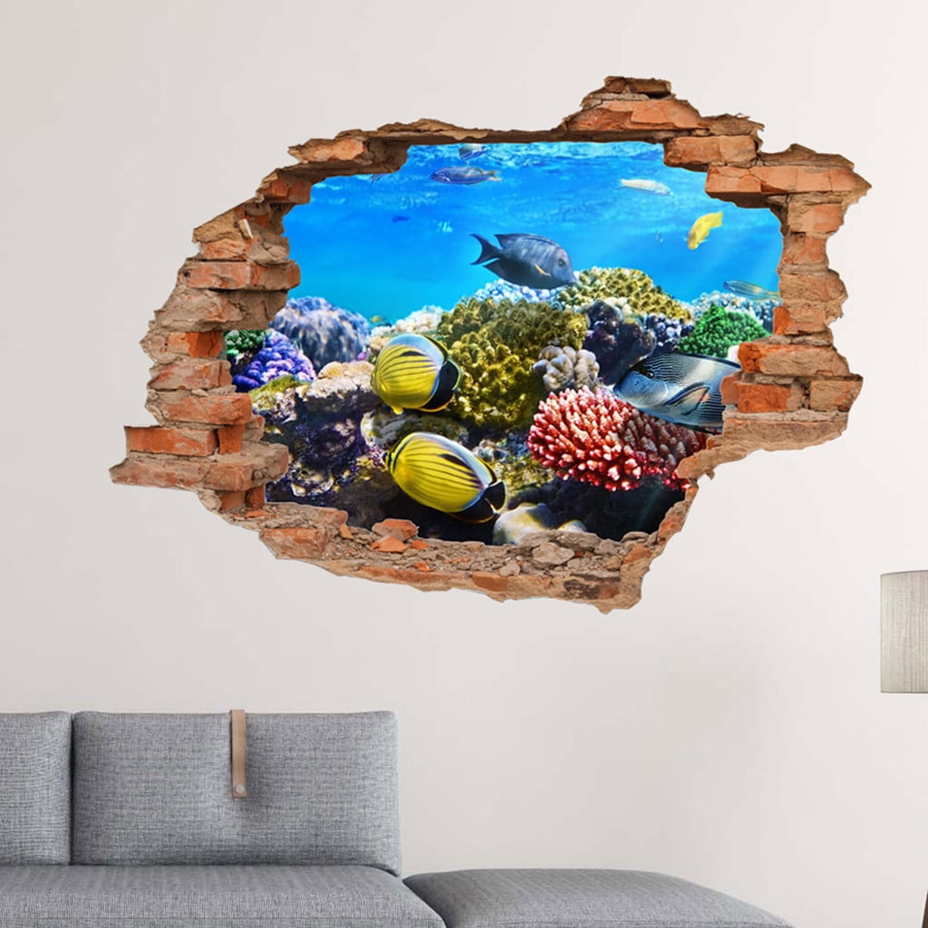 AURIGATE 3D Broken Wall Removable Sunny Beach Wall Stickers for Bedroom ...