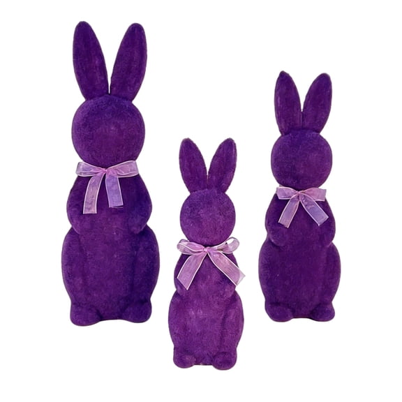 AURIGATE 3Pc Flocked Easter Bunny Decorations with Bow Ties, Easter Bunny Figurine Moss Rabbit Statues Spring Easter Table Centerpiece,Holiday Ornament Rabbit Gifts Home Garden (Purple)