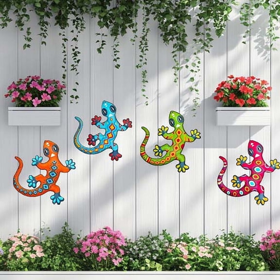 AURIGATE 4 Pack Metal Gecko Wall Art 9.84 Inch, Colorful Iron Lizard Wall Decor Set, Weatherproof Hanging Ornaments for Outdoor Patio Fence Garden Home Decor