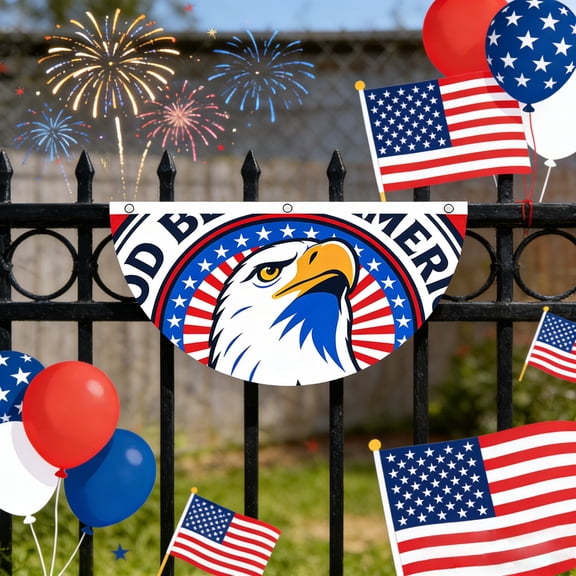AURIGATE 4th of July Patriotic Bald Eagle Bunting Flag 35.4x17.7in, Red White Blue USA Eagle Polyester Half-Circle Banner for Independence Day Porch Decor