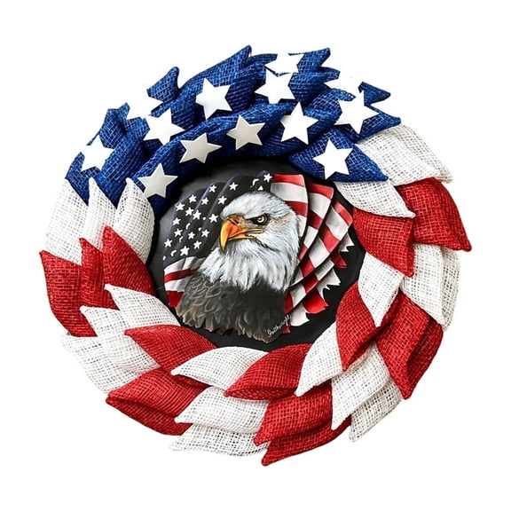 AURIGATE 4th of July Patriotic Bald Eagle Wreath 15.75in, Red White Blue Petal Shape Plastic Front Door Wreath for Independence Day Memorial Day Home Porch Wall Decor