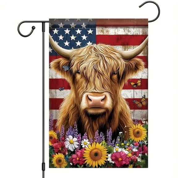 AURIGATE 4th of July Patriotic Highland Cow Floral Garden Flag 11.81x17.72 Inch Weather Resistant Polyester Double Sided for Yard Lawn Porch Outdoor Patriotic Event Decor Supplies