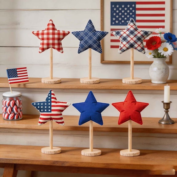 AURIGATE 4th of July Table Centerpieces Set of 6, Patriotic Checkered Star Ornaments for Independence Day Dining Table Decor