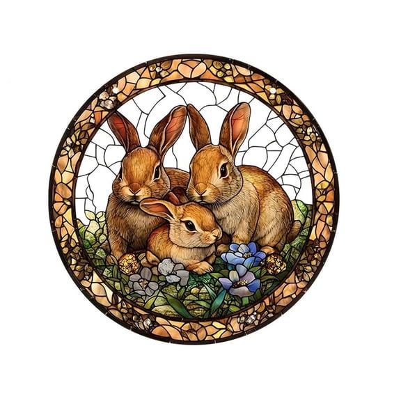 AURIGATE 5.91in Easter Bunny Stained Glass Window Hanging, Acrylic Suncatcher with Triple Rabbit Design, Spring Decor for Window, Wall & Home