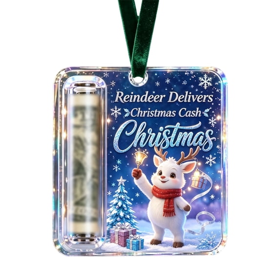 AURIGATE Acrylic Christmas Money Holder Ornament Clear Cash Gift Ball with Slot and Velvet Ribbon Double Sided Printed Hanging Decoration for Tree Holiday Gift